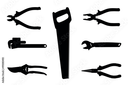 Silhouettes of household tools, pliers, saw, secateurs, wrench, nippers