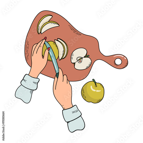 Home canning. Hands slicing apples with knife on cutting board. Step is to prepare whatever produce is going to be canned. Cooking food process. Hand drawn vector illustration.