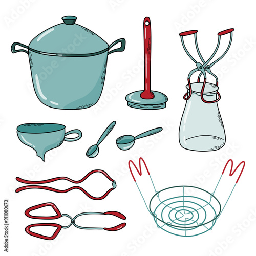 Home canning. Canning equipment and tools set. Kitchen utensils isolated on transparent background. Hand drawn vector illustration.