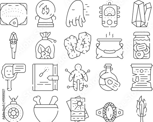 Magic Mystery Objects Collection Icons Set Vector. Sphere For Spiritism And Magic Cards, Ouija Board For Communicating With Spirits And Runes Black Contour Illustrations