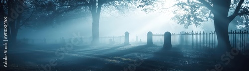 A mysterious, fogcovered graveyard with old, crooked tombstones, a wrought iron fence, and ghostly figures in the distance photo