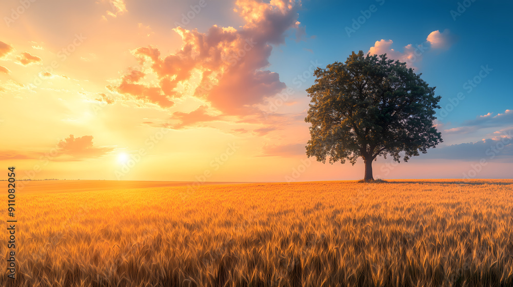 Fototapeta premium Wheat flied panorama with tree at sunset, rural countryside - Agriculture