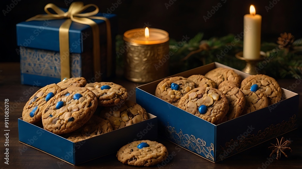 Fototapeta premium A box of fresh cookies and biscuits. Each has unique shape, design and taste. Luxury and delicious with a traditional look.