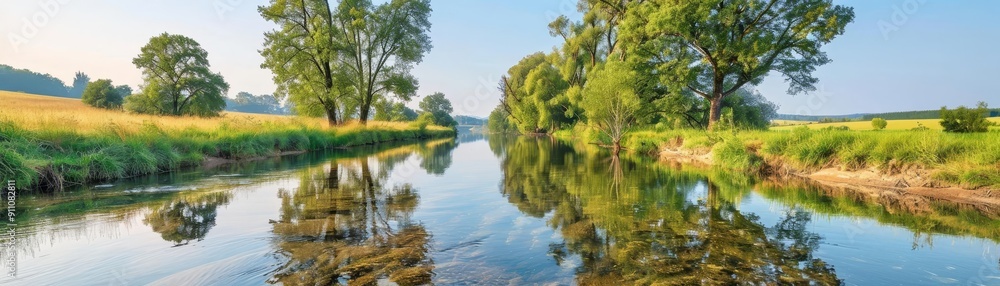 Clear reflection of trees and sky on a calm river at dawn, peaceful nature Clear reflection of trees and sky on a calm river at dawn, peaceful nature