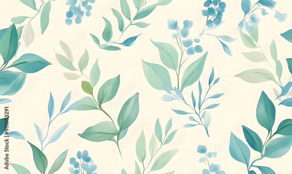 A seamless pattern of teal and green tropical leaves, Generative AI A seamless pattern of teal and green tropical leaves, Generative AI