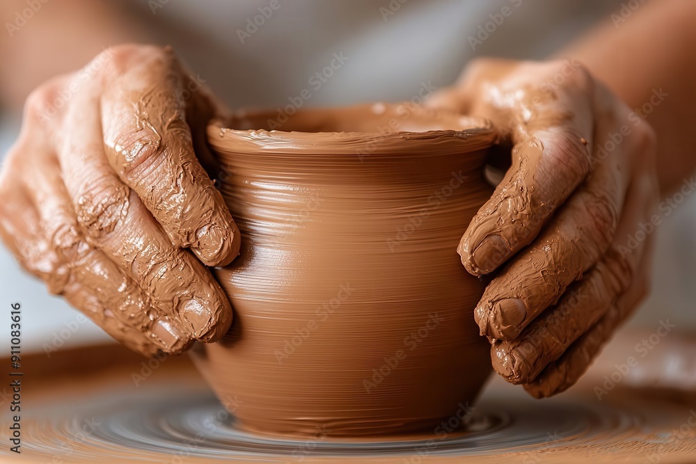 Artisan hands shaping a clay pot on a pottery wheel, showcasing the beauty of traditional craftsmanship and creative expression. Artisan hands shaping a clay pot on a pottery wheel, showcasing the beauty of traditional craftsmanship and creative expression.