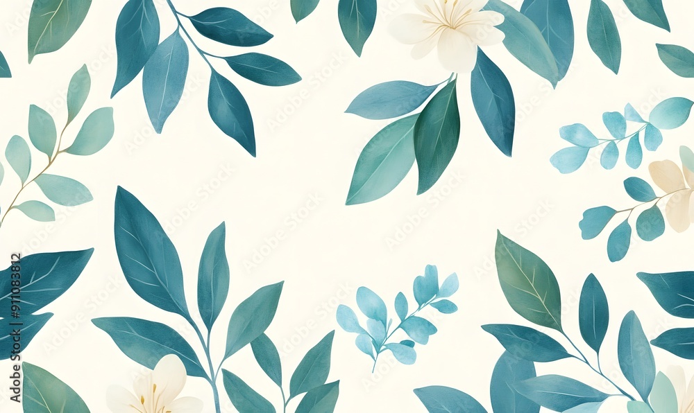 A seamless pattern of teal and green tropical leaves, Generative AI A seamless pattern of teal and green tropical leaves, Generative AI