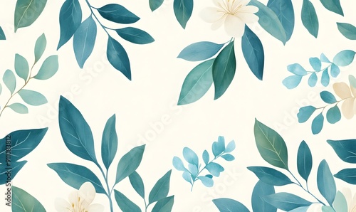 A seamless pattern of teal and green tropical leaves, Generative AI