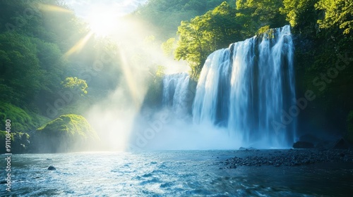 A powerful waterfall cascading into a river, with mist rising and a rainbow forming in the sunlight