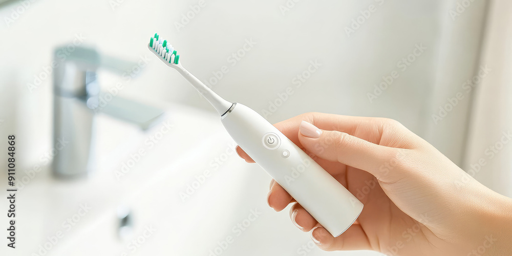 Fototapeta premium A woman holds an electric modern toothbrush in her hand in a white bathroom