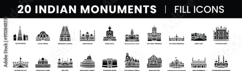 Famous Indian Monuments & Landmarks minimal fill icons like Qutub Minar, Lotus Temple, Jama Masjid, Red Fort, Meenakshi Temple, Victoria Memorial, Humayun's Tomb & More Palaces, Temples, and Forts