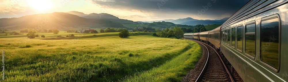 Obraz premium Train traveling through a scenic landscape with mountains in the background and a bright sun shining.