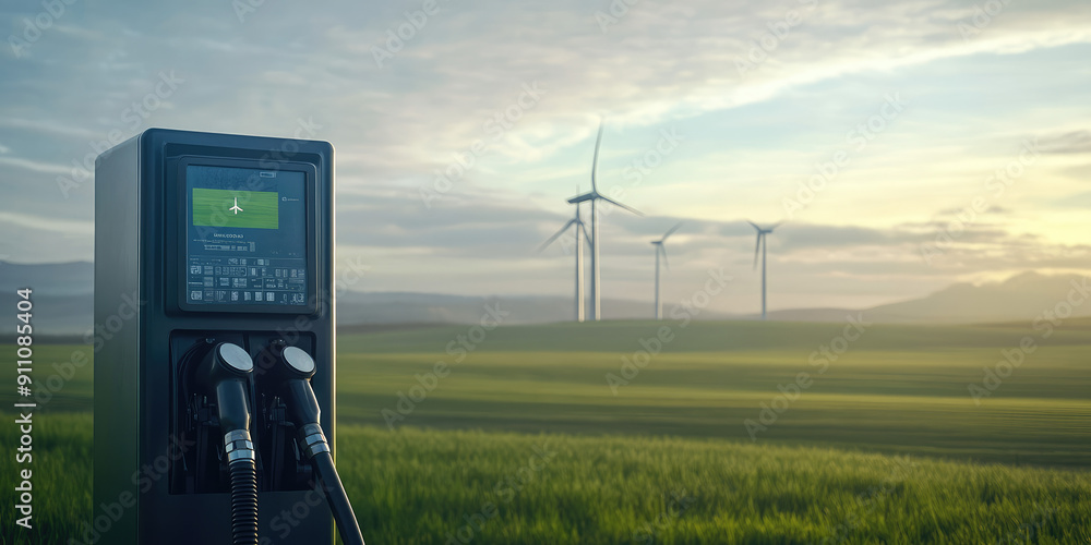 Closeup of sustainable aviation fuel pump with copy space, green field and windmills in background. Green Energy Closeup of sustainable aviation fuel pump with copy space, green field and windmills in background. Green Energy