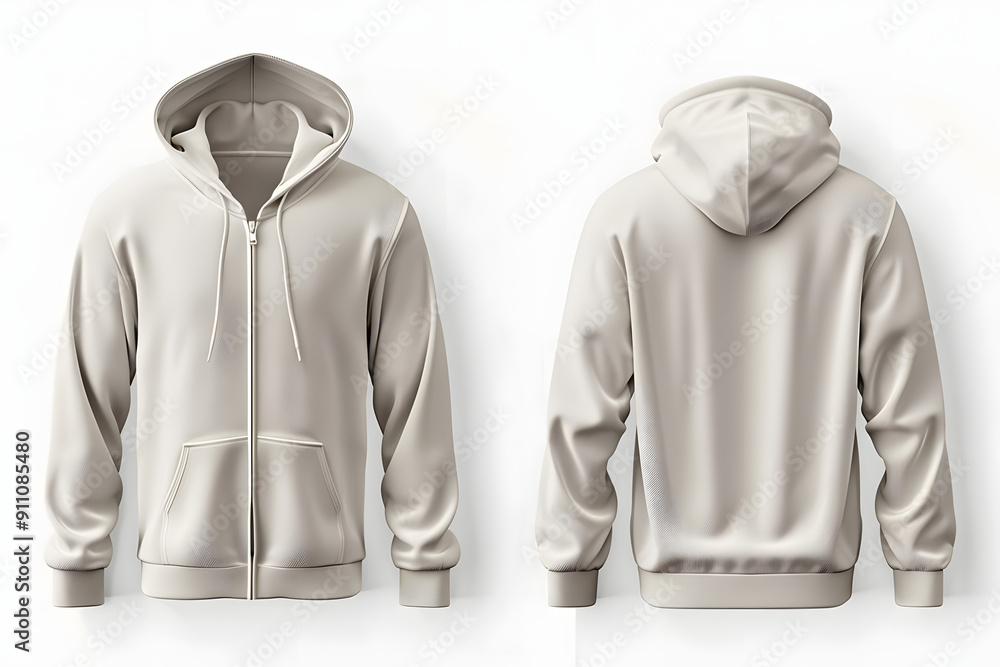 Light full-zip hoodie sweatshirt front and back view on white background. Cloth Mockup Light full-zip hoodie sweatshirt front and back view on white background. Cloth Mockup