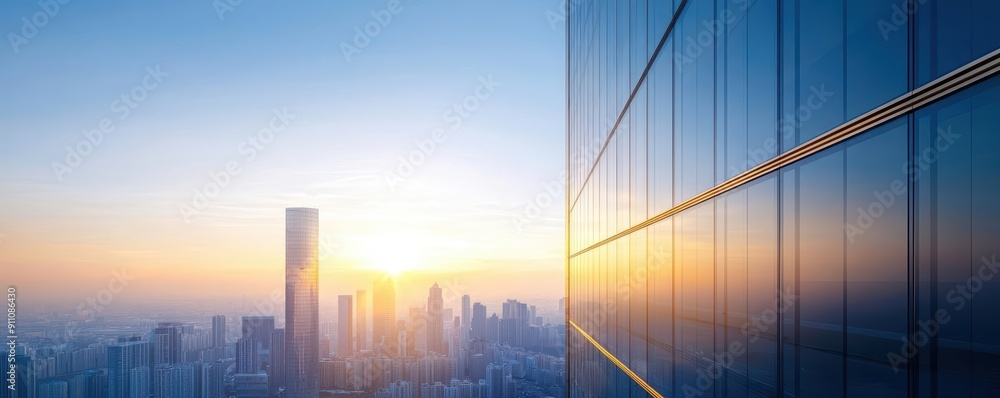 Obraz premium Cityscape with modern skyscraper reflecting golden sunset.