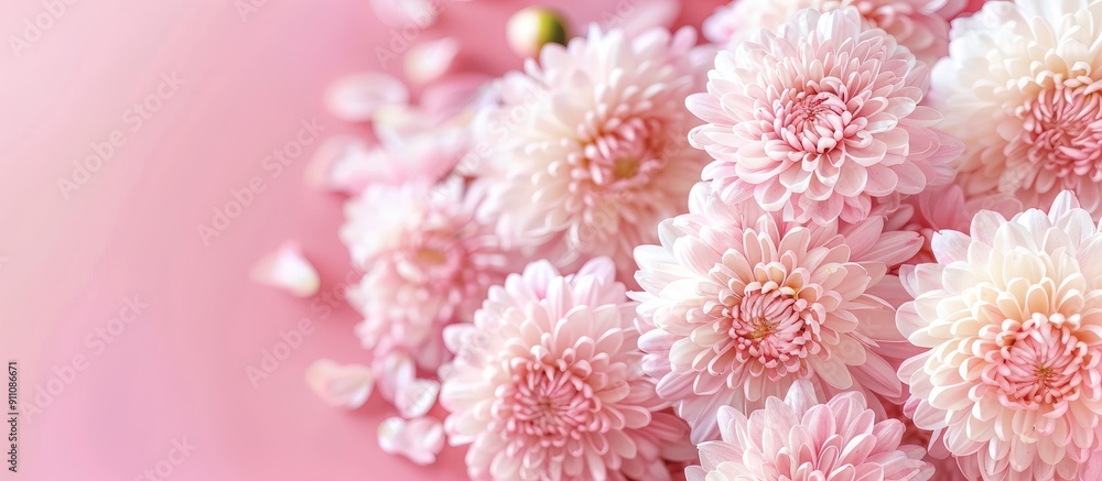 Pink and white chrysanthemums on a pink background with copy space image Pink and white chrysanthemums on a pink background with copy space image