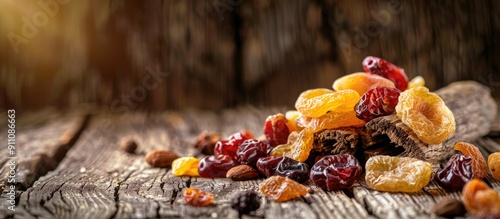 Close up of a log and dried fruits on a wooden background with copy space image available photo