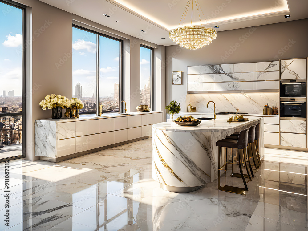 Beautiful marble kitchen in luxury home with white cabinetry, wooden ...