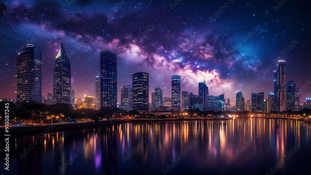 Fototapeta premium Skyscrapers and Stars: A Nighttime Symphony