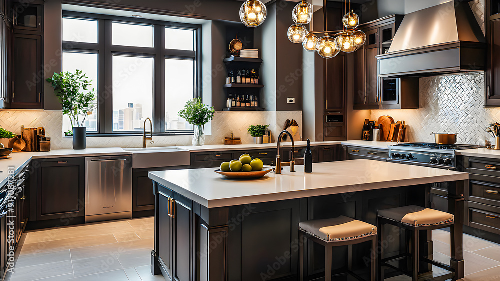 Beautiful marble kitchen in luxury home with white cabinetry, wooden design in minimalist style. Elegant luxurious penthouse kitchen island united with dining room, gold decorations, . AI generated Beautiful marble kitchen in luxury home with white cabinetry, wooden design in minimalist style. Elegant luxurious penthouse kitchen island united with dining room, gold decorations, . AI generated