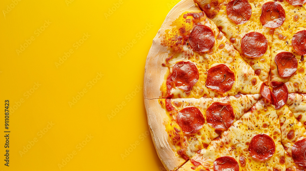 Close-up of freshly baked pepperoni pizza on vibrant yellow background. Italian cuisine concept with traditional pizza toppings and melted cheese