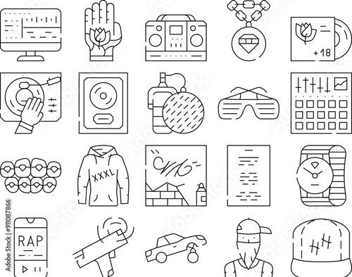 Hip Hop And Rap Music Collection Icons Set Vector. Hip Hop Gold Disc And Gangsta Rapper, Mesh Microphone Device And Tattoo, Clothes And Glasses Black Contour Illustrations