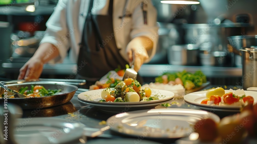 Chef Preparing a Gourmet Dish in a Professional Kitchen Chef Preparing a Gourmet Dish in a Professional Kitchen