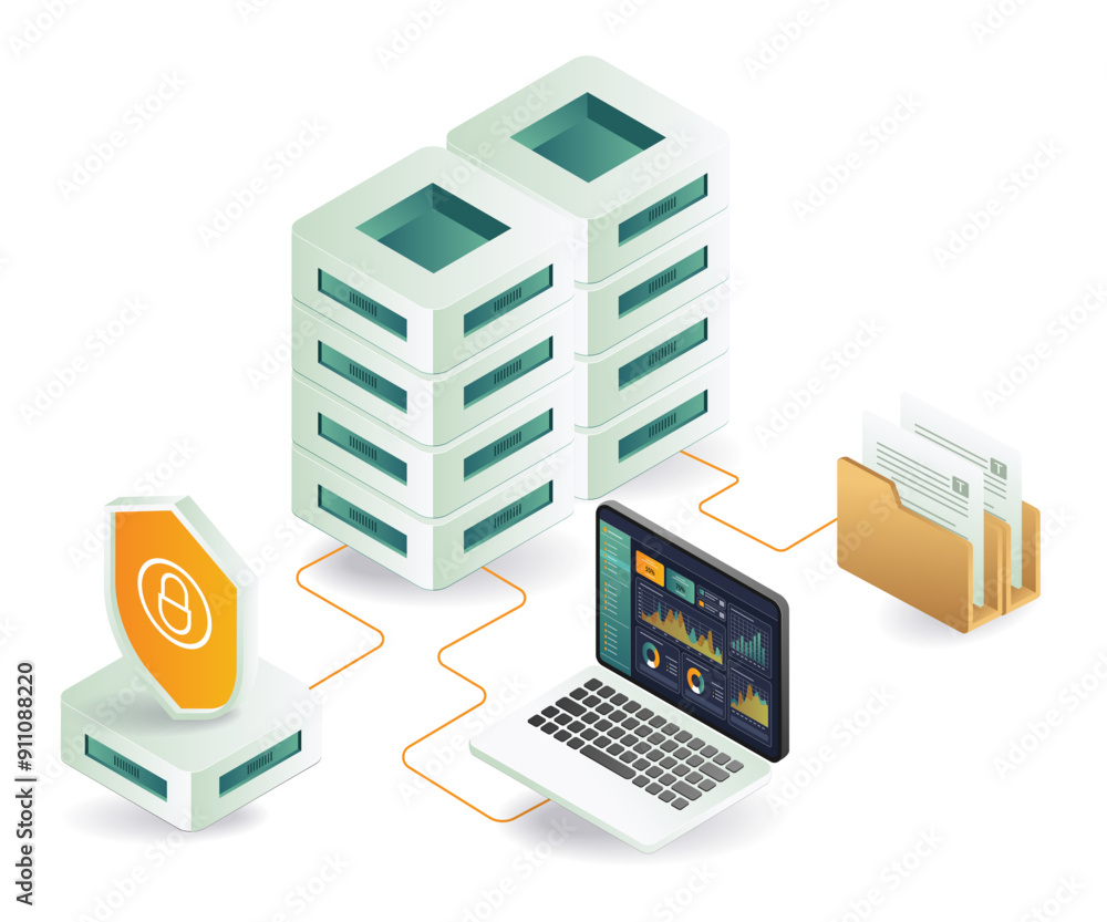 A laptop, folder, and Server data analytics security A laptop, folder, and Server data analytics security