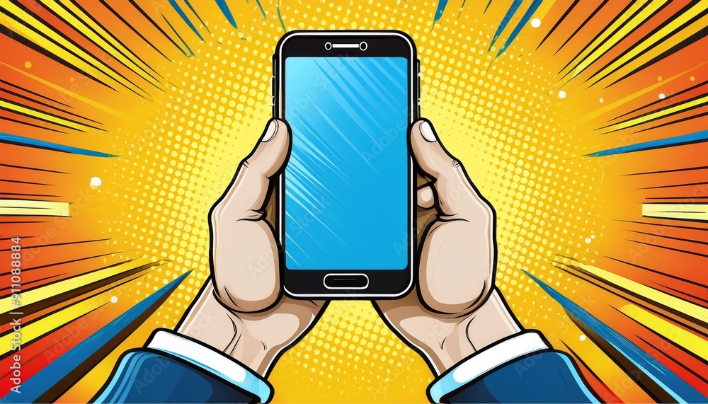 Smart phone gadget in hands comic book pop art retro style vector illustration