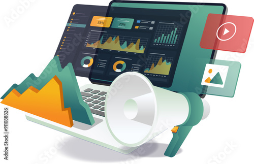 a laptop with a megaphone and graphs, representing screen analyst statistics