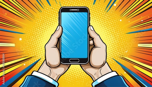 Obraz na płótnie Smart phone gadget in hands comic book pop art retro style vector illustration w salonie