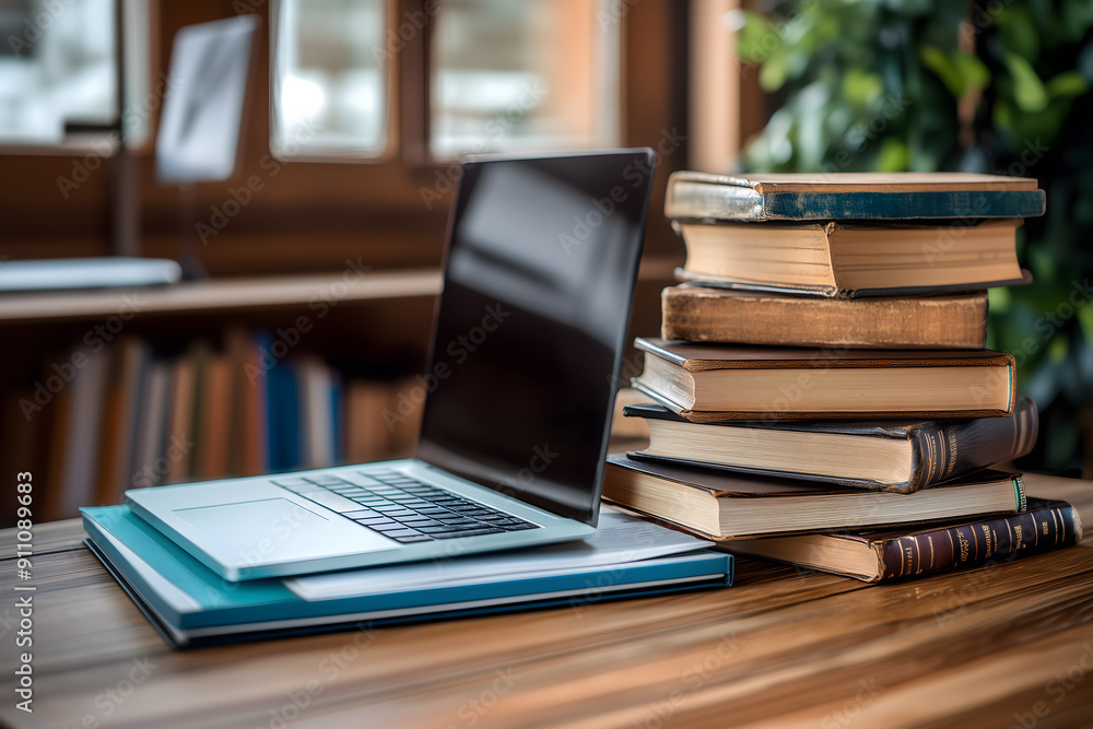 close up of laptop and pile of books on the table; concept of learning / studying / book selling without people close up of laptop and pile of books on the table; concept of learning / studying / book selling without people