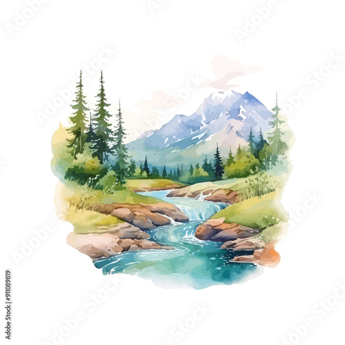 A tranquil landscape featuring a flowing river, towering mountains, and lush greenery, capturing the serene beauty of nature.