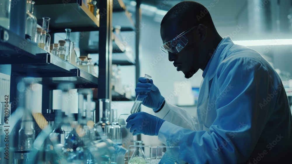 Focused Scientist Conducting Laboratory Experiment with Advanced Technology Focused Scientist Conducting Laboratory Experiment with Advanced Technology
