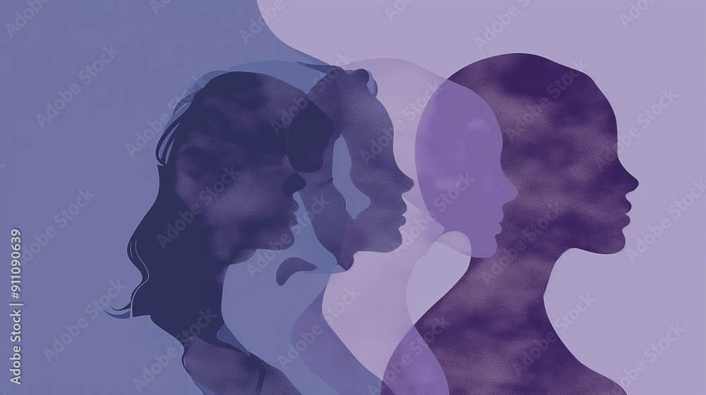 Silhouette of a double heads against a purple background. Portraits of different women in profile Silhouette of a double heads against a purple background. Portraits of different women in profile