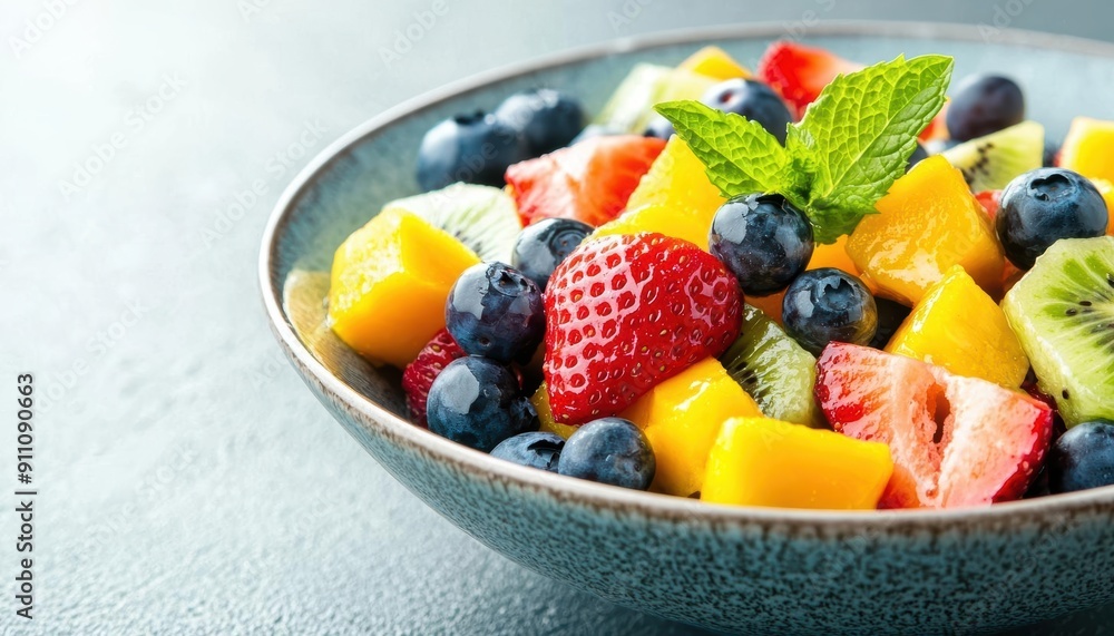 A vibrant bowl of mixed fruits including strawberries, blueberries, kiwi, and mango, arranged beautifully with mint leaves on top A vibrant bowl of mixed fruits including strawberries, blueberries, kiwi, and mango, arranged beautifully with mint leaves on top