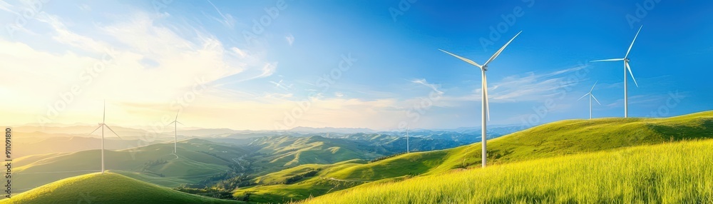 Green field with wind turbines and sunrise in the background Green field with wind turbines and sunrise in the background