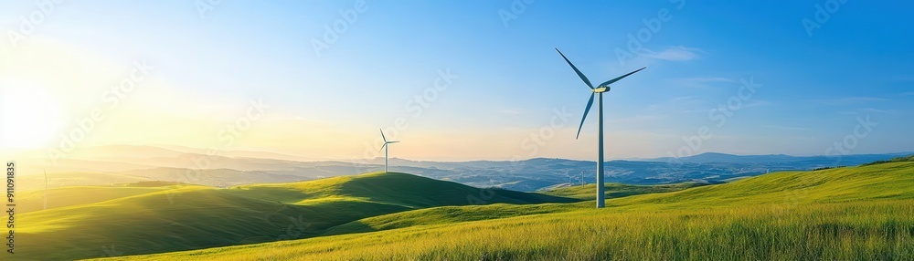 Obraz premium A wind farm with towering turbines spinning gracefully under a clear blue sky, set against rolling green hills