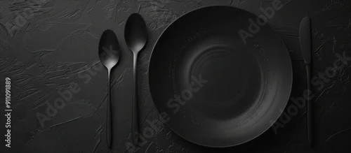 Panel kuchenny z motywem Top view of an empty black plate accompanied by a fork and spoon on a black texture background ideal for use as a copy space image