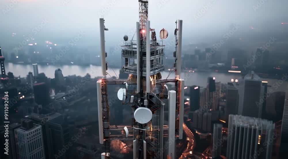 High-angle view of a 5G communication tower with antennas and dishes, situated above an urban cityscape at dusk. High-angle view of a 5G communication tower with antennas and dishes, situated above an urban cityscape at dusk.