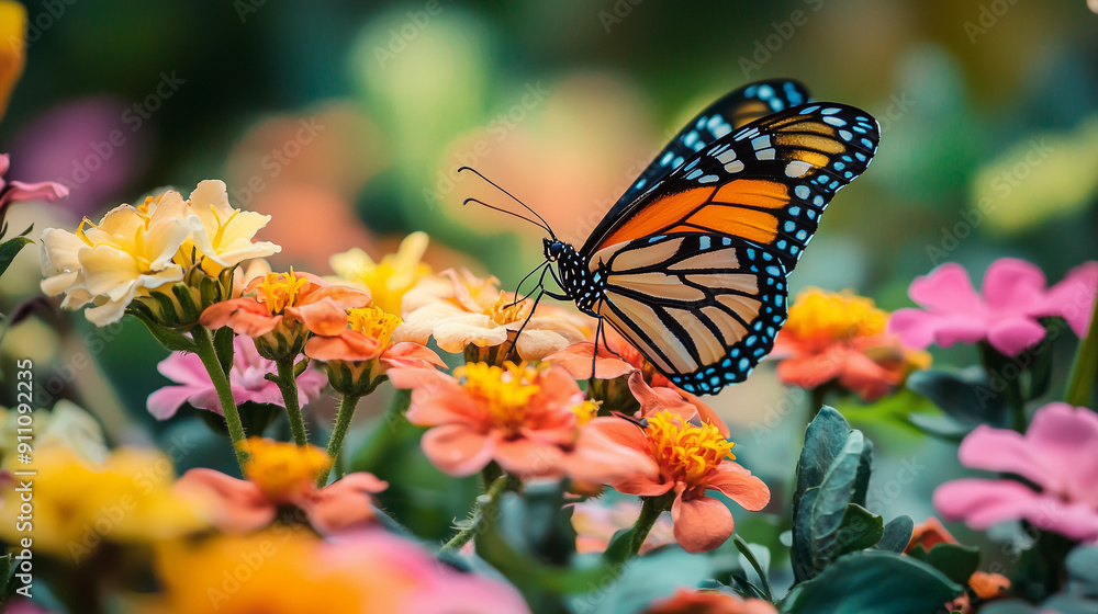Fototapeta premium Colorful butterfly garden lush flowers