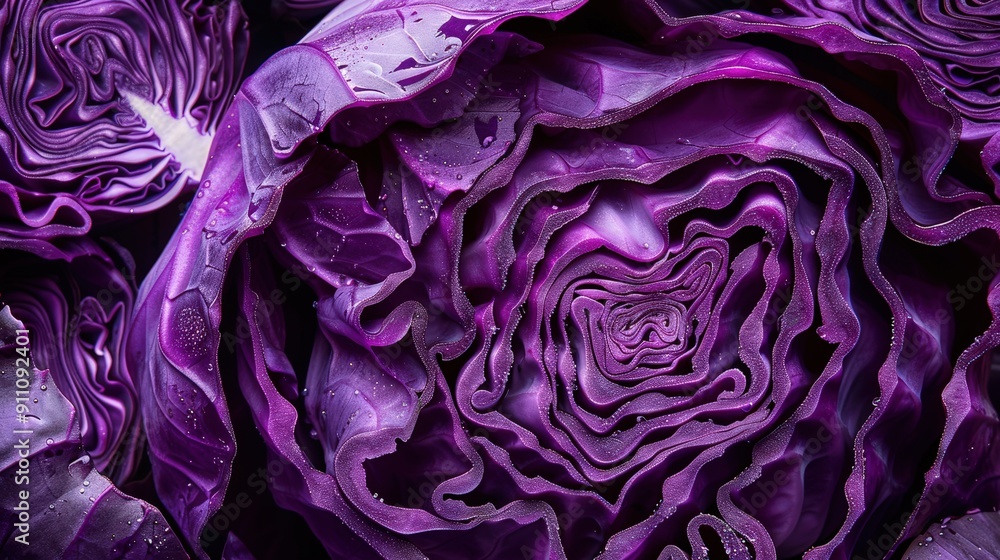 Obraz premium Vibrant Close-Up Image of Freshly Cut Purple Cabbage Showcasing Detailed Textures and Patterns