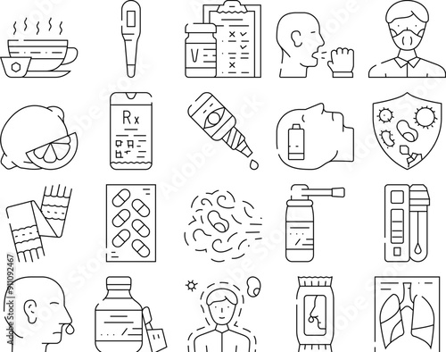 Flu Disease Treatment Collection Icons Set Vector. Flu Treat Vaccine And Test Questionnaire, Tea With Honey And Lemon, Syrup And Eye Drops Black Contour Illustrations