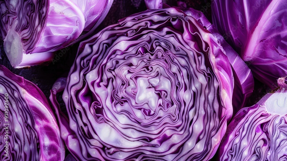 Obraz premium Vibrant Close-Up Image of Freshly Cut Purple Cabbage Showcasing Detailed Textures and Patterns