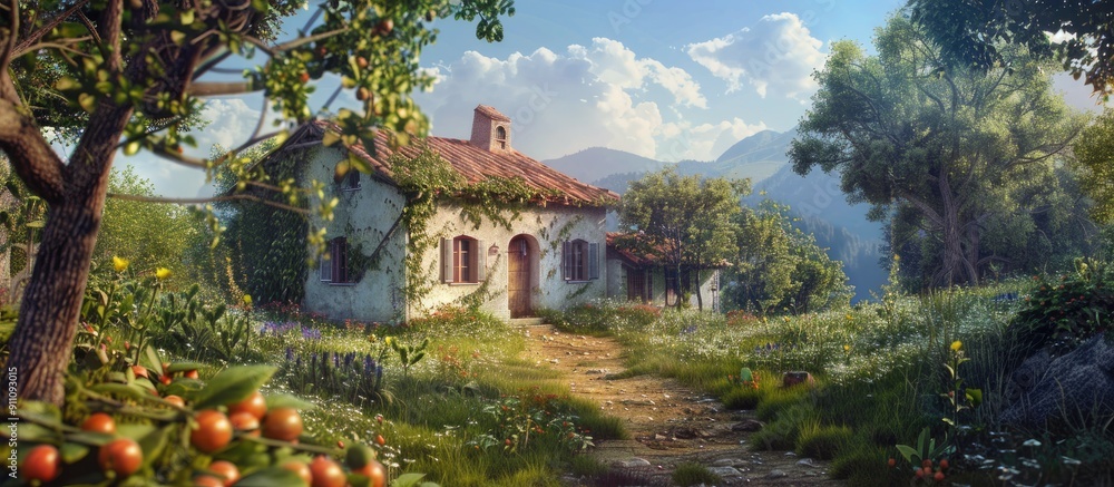 Charming rural house with a garden filled with fruit trees offering a nostalgic view perfect for a postcard with copy space image Charming rural house with a garden filled with fruit trees offering a nostalgic view perfect for a postcard with copy space image