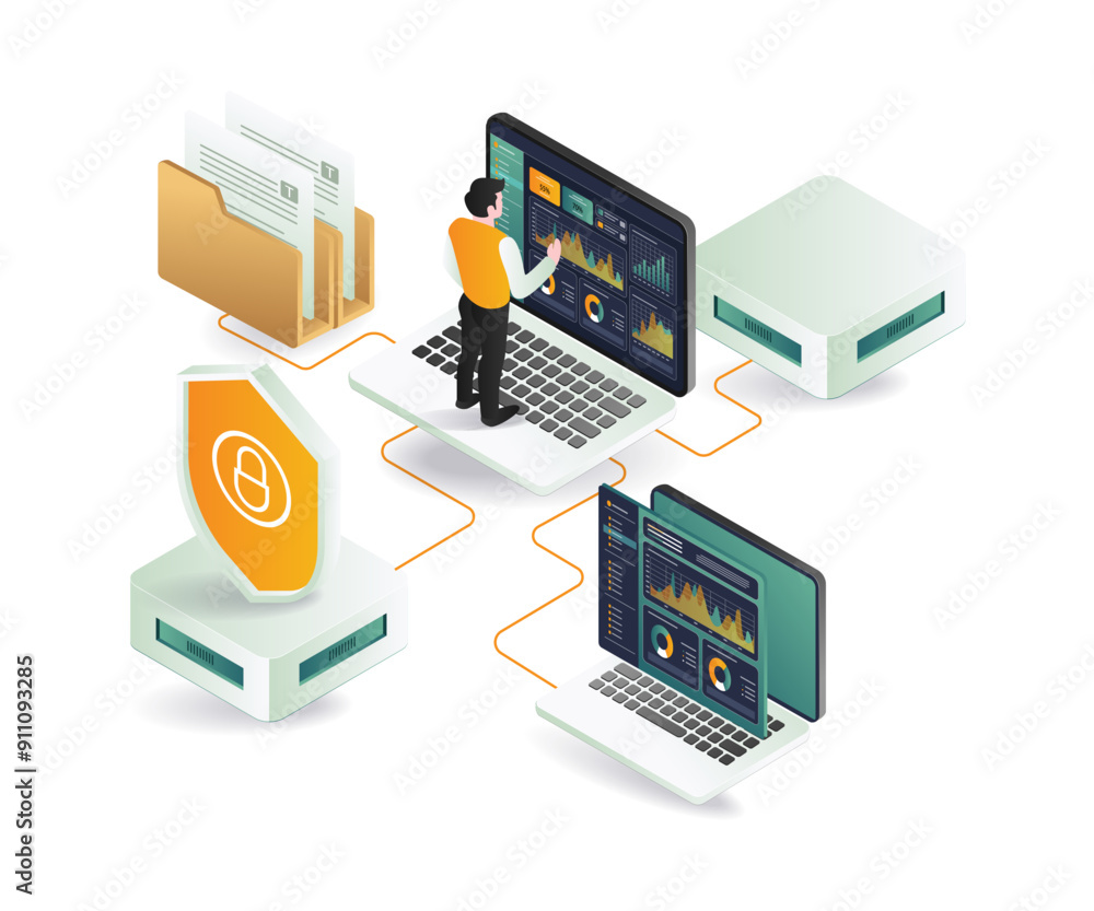 A network server analyst standing next to a laptop computer and a folder A network server analyst standing next to a laptop computer and a folder
