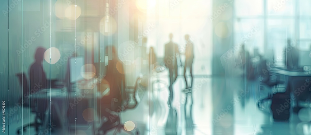 Blurred businessmen in an office workspace with a computer abstract background with copy space image Blurred businessmen in an office workspace with a computer abstract background with copy space image