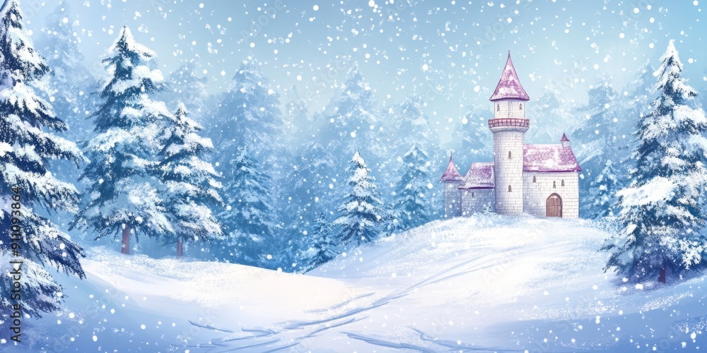 Fototapeta premium Enchanting Winter Wonderland: Anime-Style Christmas Illustration with Snowy Forest and Fairy Tale Castle. Whimsical Cartoon Landscape for Children's Stories, Festive Wallpapers, and Holiday Marketing 