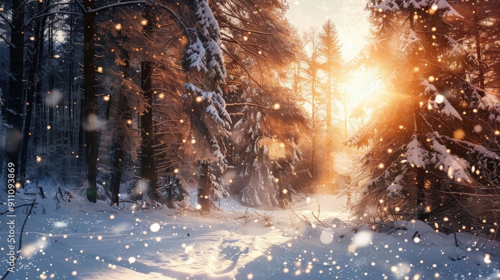 Enchanting Snow-Covered Forest with Sunlight Streaming Through Trees at Golden Hour Enchanting Snow-Covered Forest with Sunlight Streaming Through Trees at Golden Hour