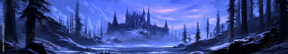 Obraz premium Enchanting Winter Wonderland: Anime-Style Christmas Illustration with Snowy Forest and Fairy Tale Castle. Whimsical Cartoon Landscape for Children's Stories, Festive Wallpapers, and Holiday Marketing 